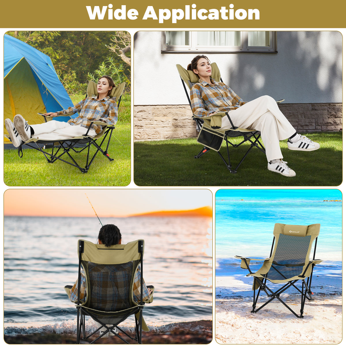 Reclining Camping Chair with Removable Footrest for Hiking Fishing-Green