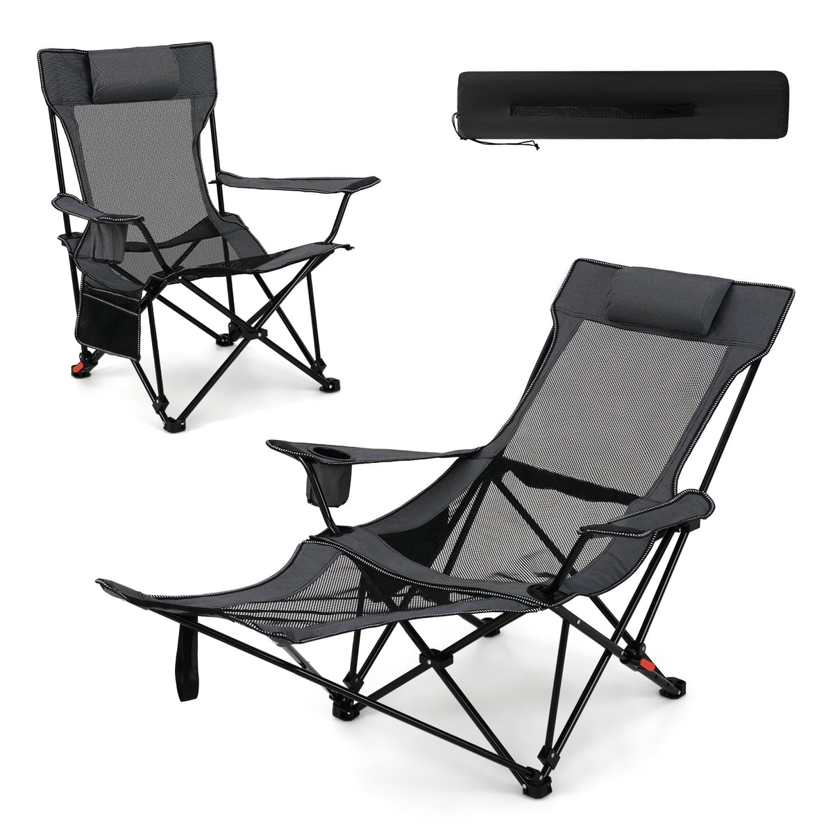 Reclining Camping Chair with Removable Footrest for Hiking Fishing-Grey
