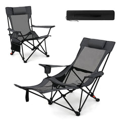 Reclining Camping Chair with Removable Footrest for Hiking Fishing-Grey