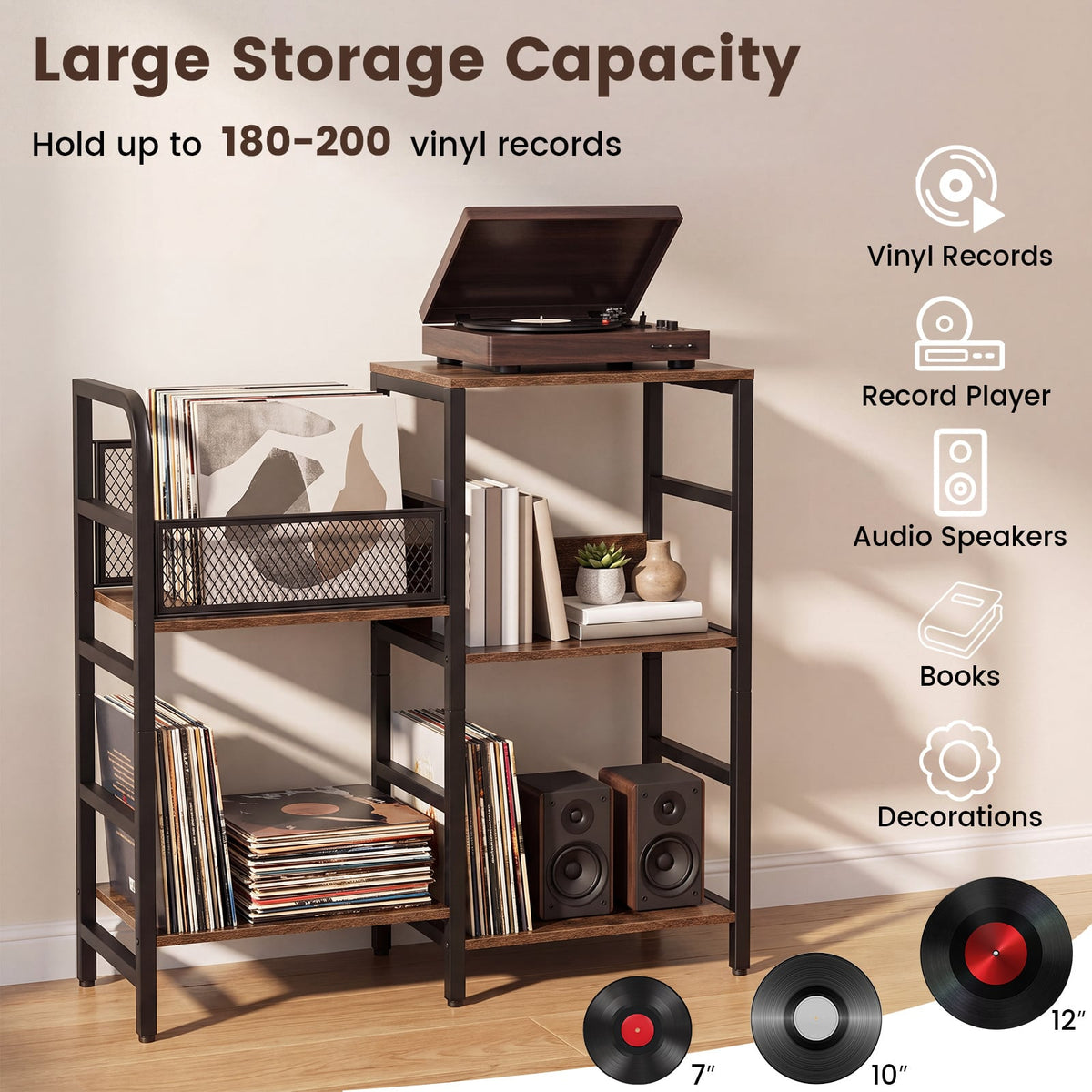 Record Player Stand Holds Up to 180-200 Albums with Vinyl Record Storage-Rustic Brown