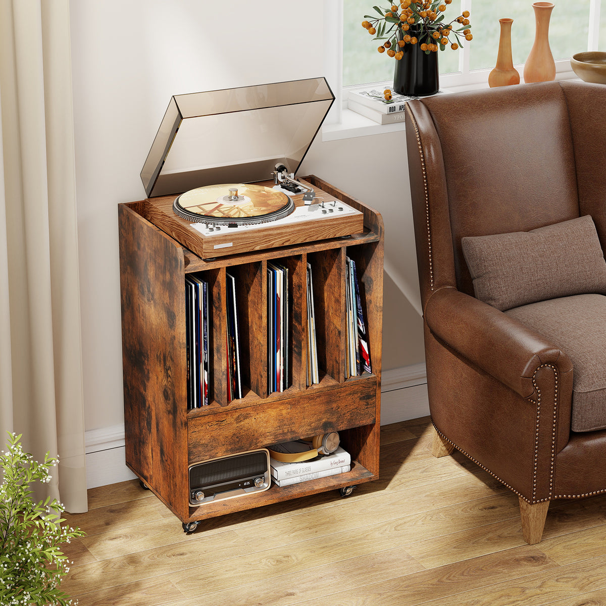 Record Player Stand On Wheels with 5 Compartments for Living Room Bedroom-Brown