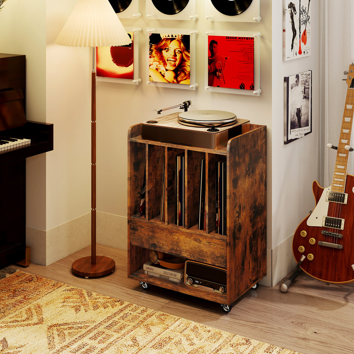 Record Player Stand On Wheels with 5 Compartments for Living Room Bedroom-Brown