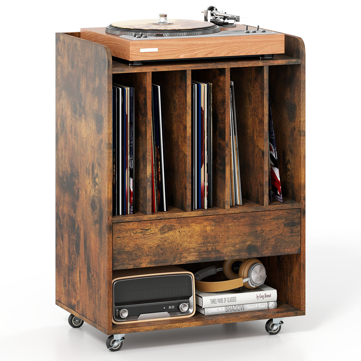 Record Player Stand On Wheels with 5 Compartments for Living Room Bedroom-Brown