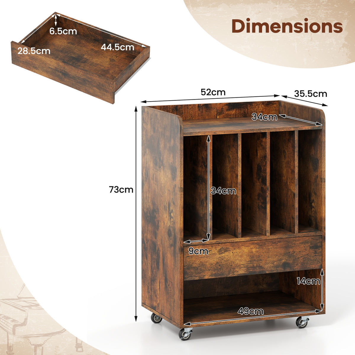 Record Player Stand On Wheels with 5 Compartments for Living Room Bedroom-Brown