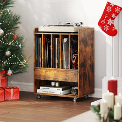 Record Player Stand On Wheels with 5 Compartments for Living Room Bedroom-Brown