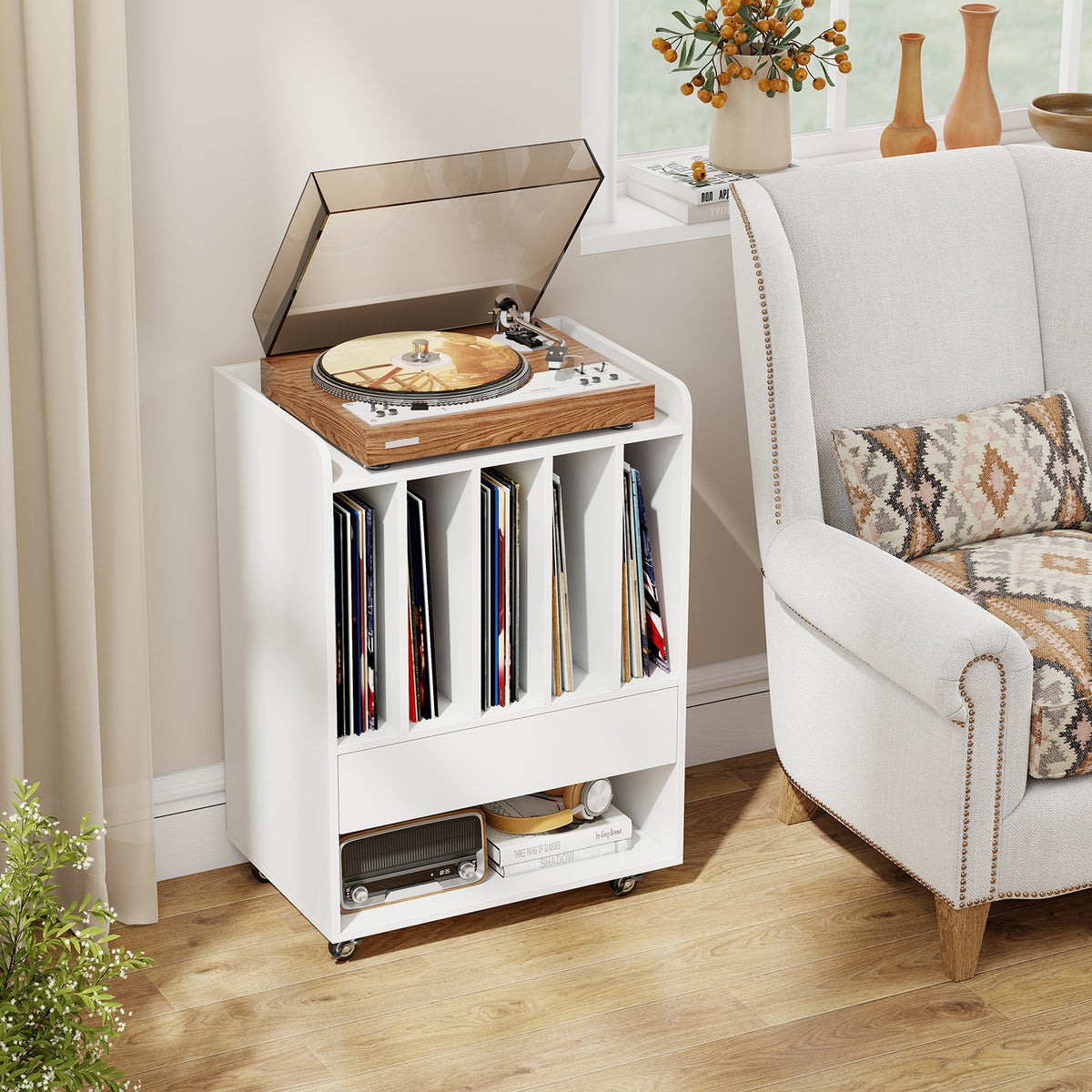 Record Player Stand On Wheels with 5 Compartments for Living Room Bedroom-White