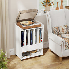 Record Player Stand On Wheels with 5 Compartments for Living Room Bedroom-White