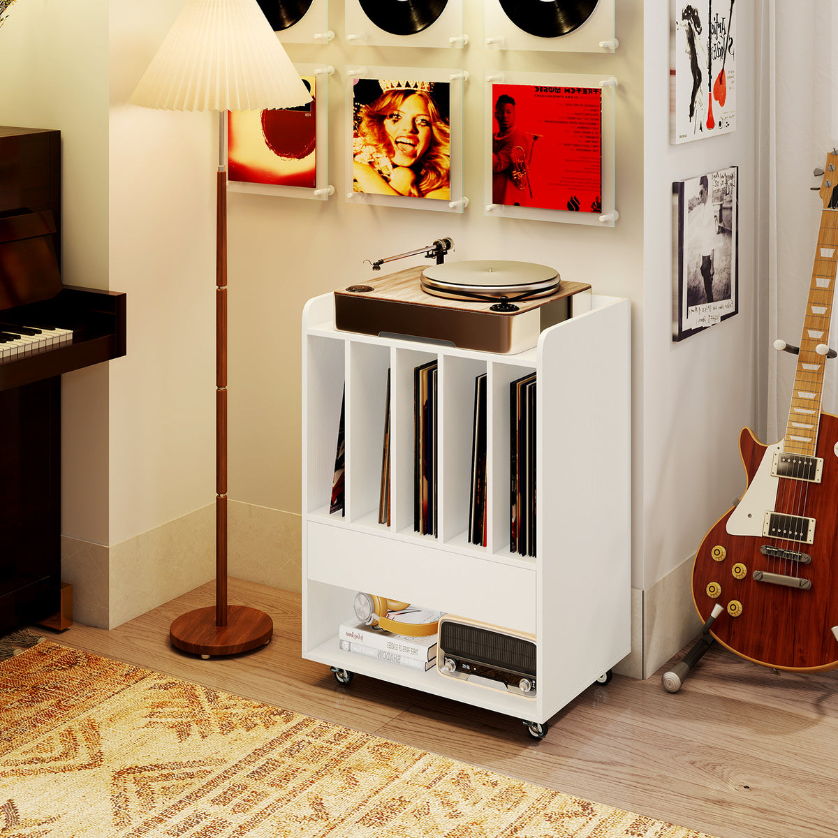 Record Player Stand On Wheels with 5 Compartments for Living Room Bedroom-White