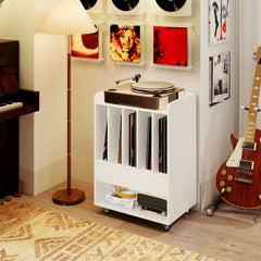 Record Player Stand On Wheels with 5 Compartments for Living Room Bedroom-White