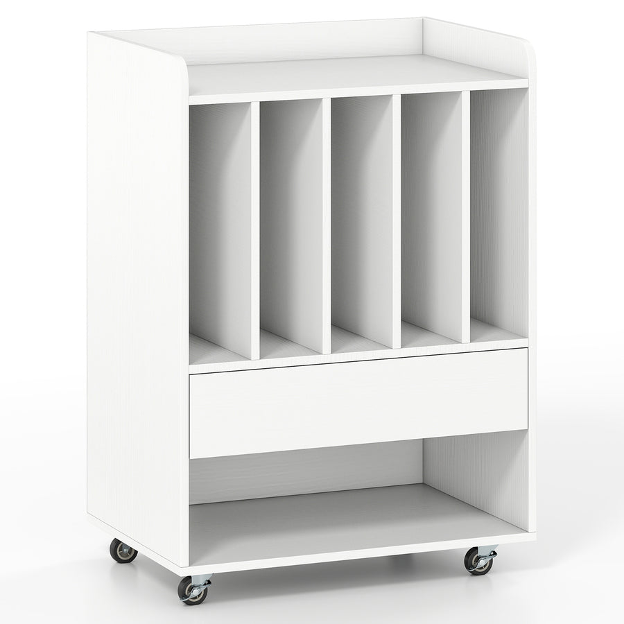Record Player Stand On Wheels with 5 Compartments for Living Room Bedroom-White