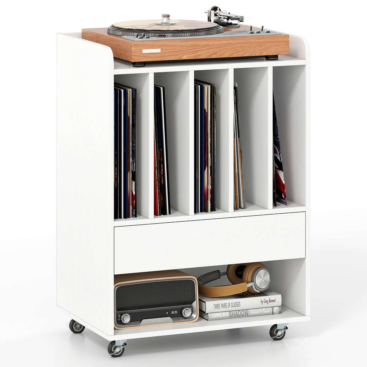 Record Player Stand On Wheels with 5 Compartments for Living Room Bedroom-White