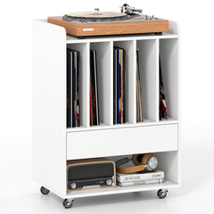 Record Player Stand On Wheels with 5 Compartments for Living Room Bedroom-White