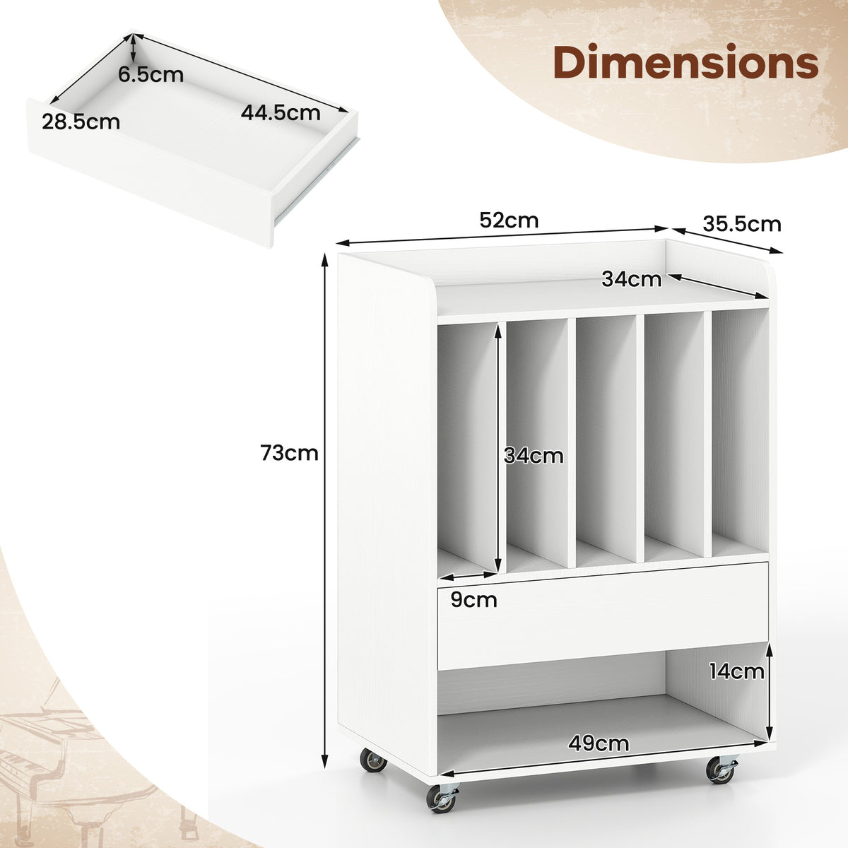 Record Player Stand On Wheels with 5 Compartments for Living Room Bedroom-White