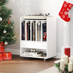 Record Player Stand On Wheels with 5 Compartments for Living Room Bedroom-White