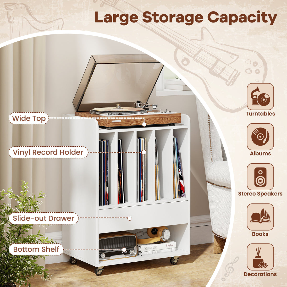 Record Player Stand On Wheels with 5 Compartments for Living Room Bedroom-White