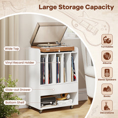 Record Player Stand On Wheels with 5 Compartments for Living Room Bedroom-White