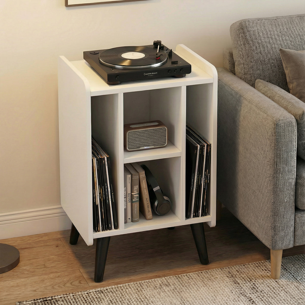 Record Player Stand with 4 Open Shelves Power Outlet USB Charging Port-White