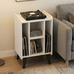 Record Player Stand with 4 Open Shelves Power Outlet USB Charging Port-White