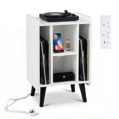 Record Player Stand with 4 Open Shelves Power Outlet USB Charging Port-White