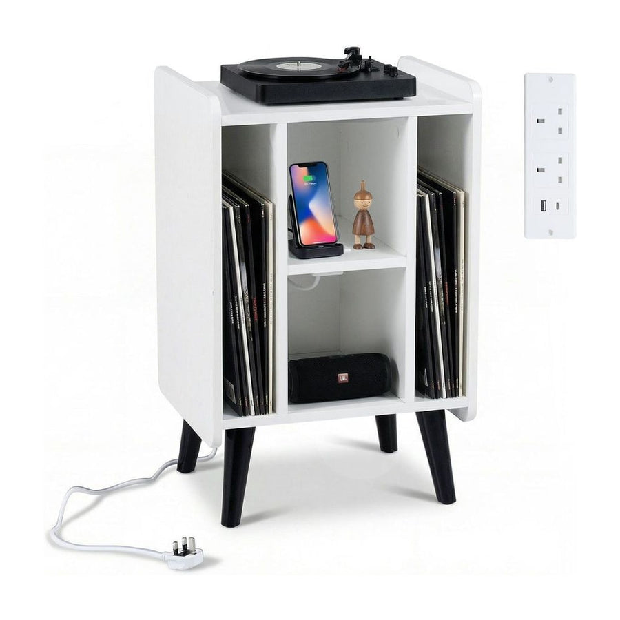 Record Player Stand with 4 Open Shelves Power Outlet USB Charging Port-White