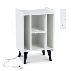 Record Player Stand with 4 Open Shelves Power Outlet USB Charging Port-White