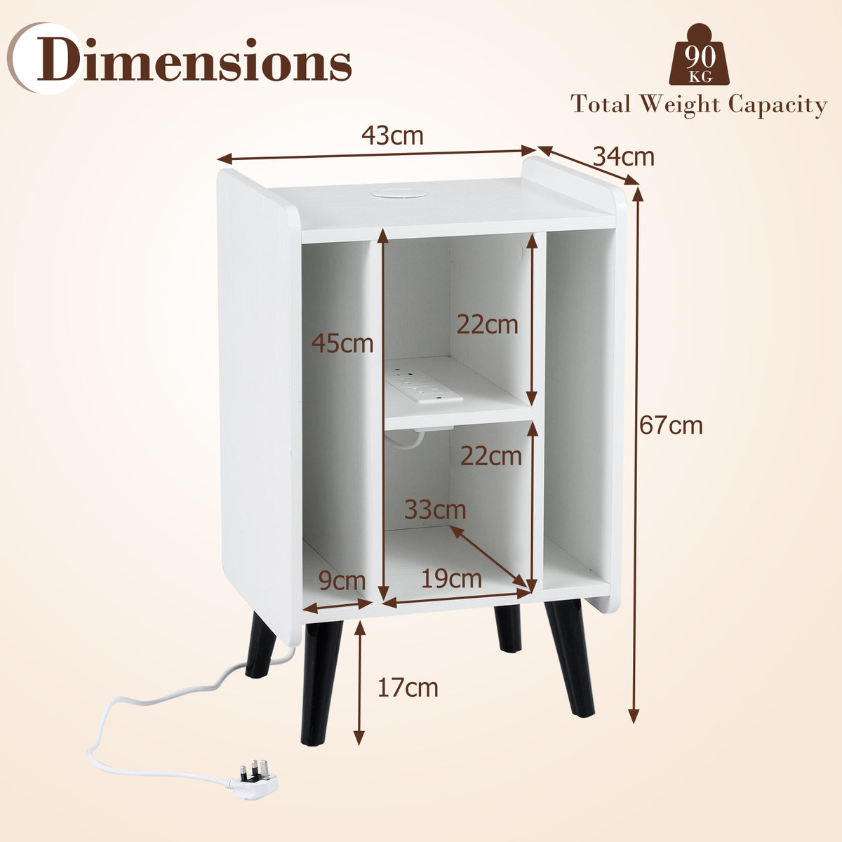 Record Player Stand with 4 Open Shelves Power Outlet USB Charging Port-White