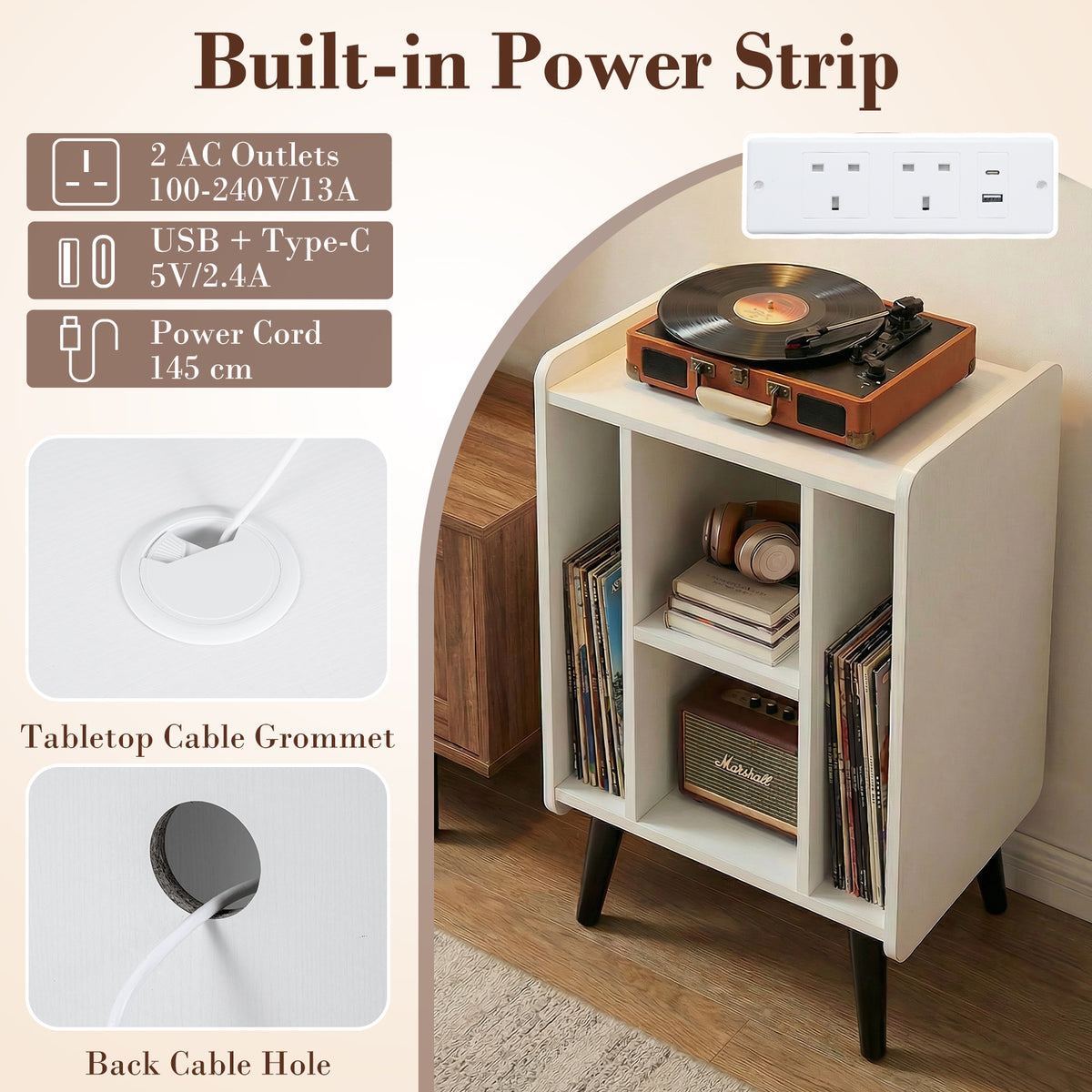 Record Player Stand with 4 Open Shelves Power Outlet USB Charging Port-White