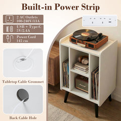 Record Player Stand with 4 Open Shelves Power Outlet USB Charging Port-White
