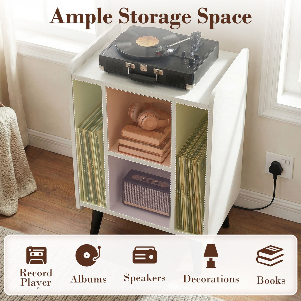 Record Player Stand with 4 Open Shelves Power Outlet USB Charging Port-White