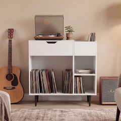 Record Player Stand with Built-In Power Strip and 3 Dividers-White