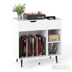 Record Player Stand with Built-In Power Strip and 3 Dividers-White