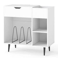 Record Player Stand with Built-In Power Strip and 3 Dividers-White
