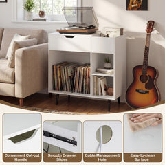 Record Player Stand with Built-In Power Strip and 3 Dividers-White