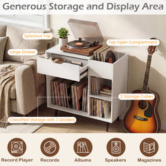 Record Player Stand with Built-In Power Strip and 3 Dividers-White