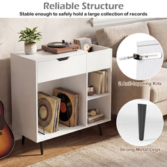 Record Player Stand with Built-In Power Strip and 3 Dividers-White