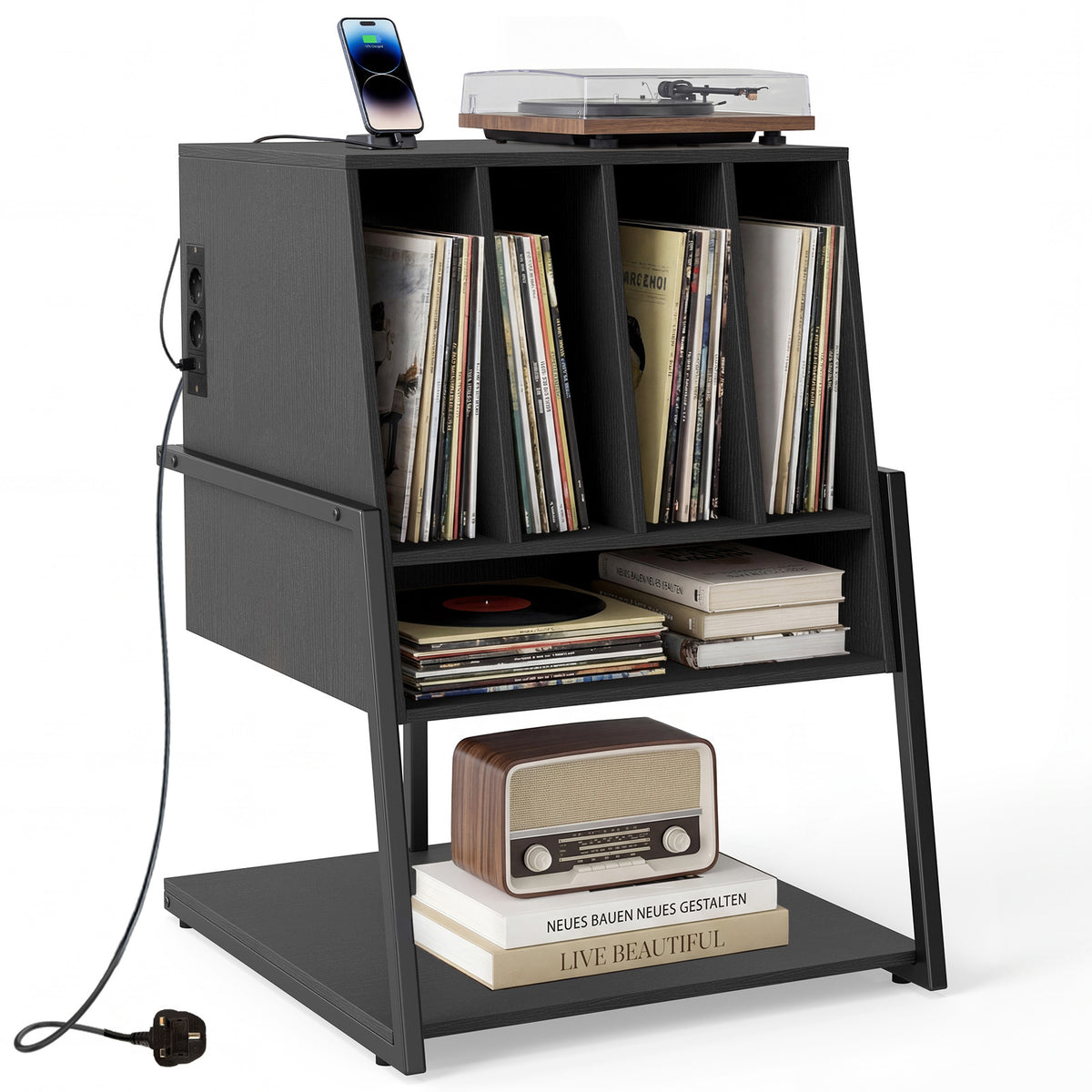Record Player Stand with Charging Station Turntable Stand with Vinyl Storage Holder-Black