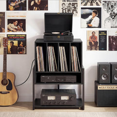 Record Player Stand with Charging Station Turntable Stand with Vinyl Storage Holder-Black