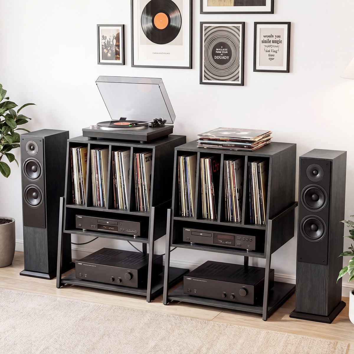 Record Player Stand with Charging Station Turntable Stand with Vinyl Storage Holder-Black