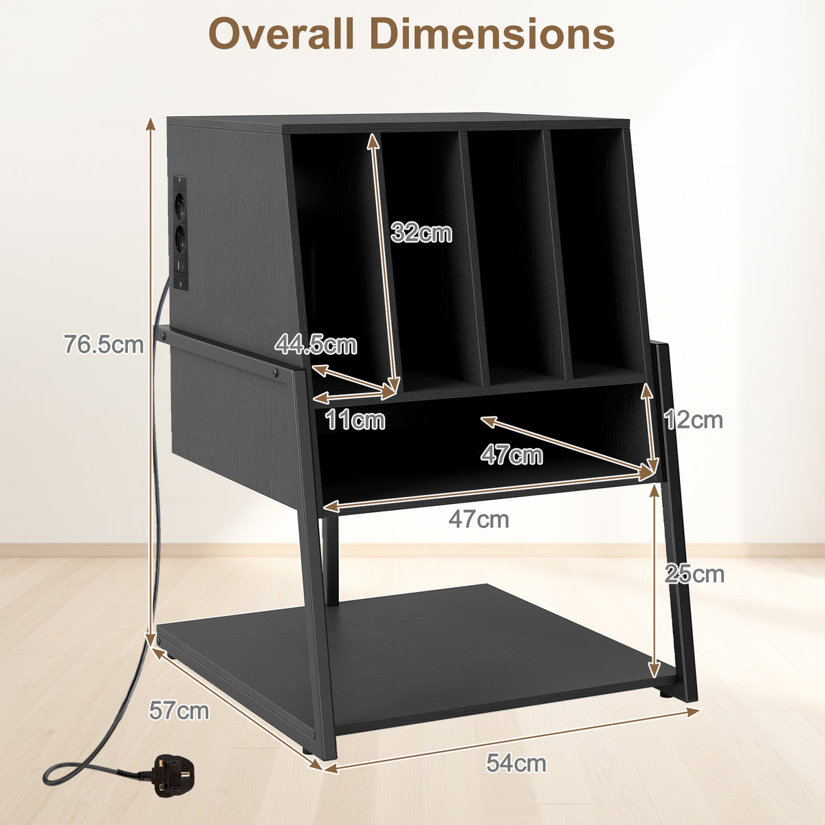 Record Player Stand with Charging Station Turntable Stand with Vinyl Storage Holder-Black