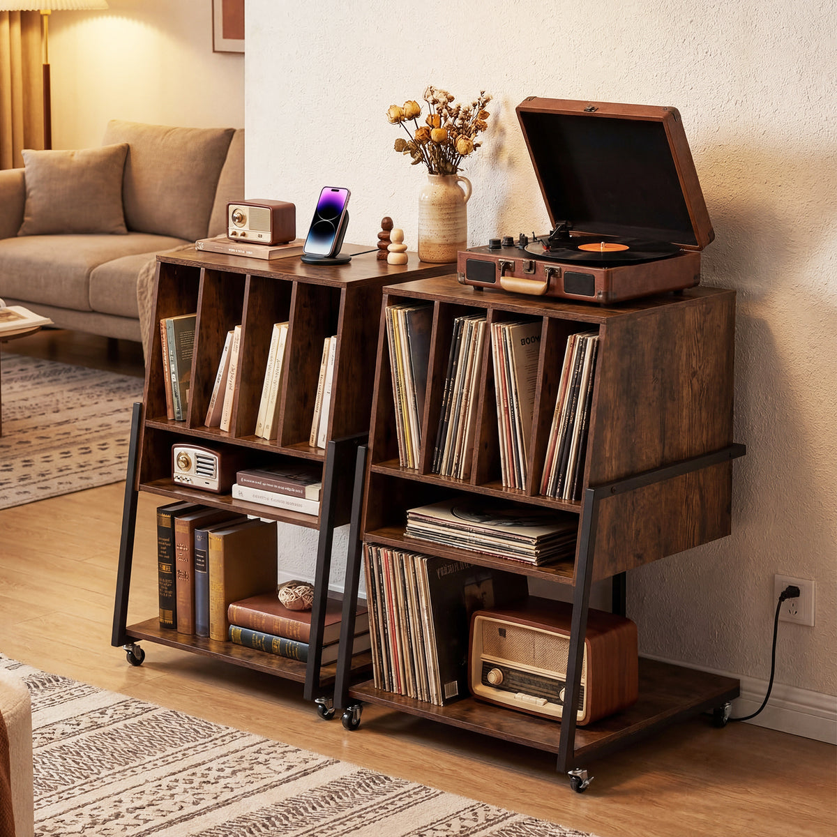 Record Player Stand with Charging Station Turntable Stand with Vinyl Storage Holder-Rustic Brown