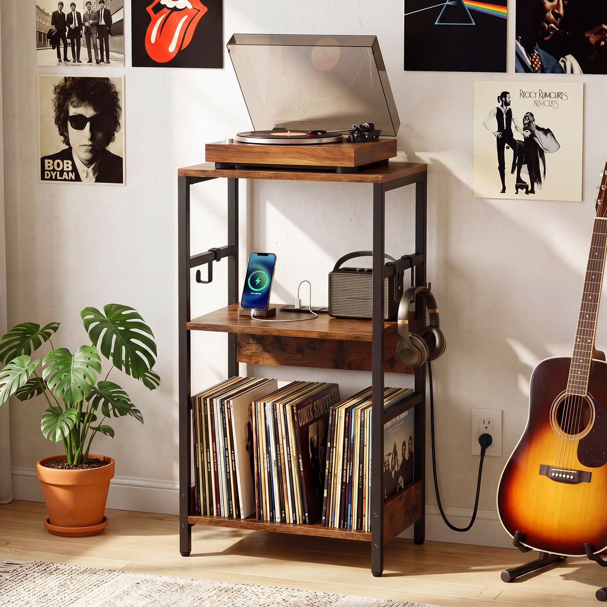 Record Player Stand with Charging Station and Vinyl Storage Holder for Living Room-Brown