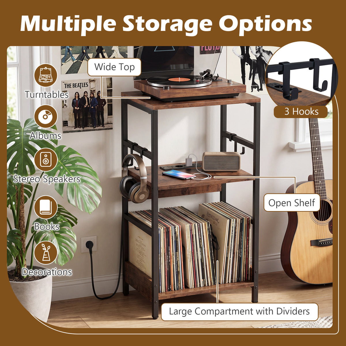 Record Player Stand with Charging Station and Vinyl Storage Holder for Living Room-Brown