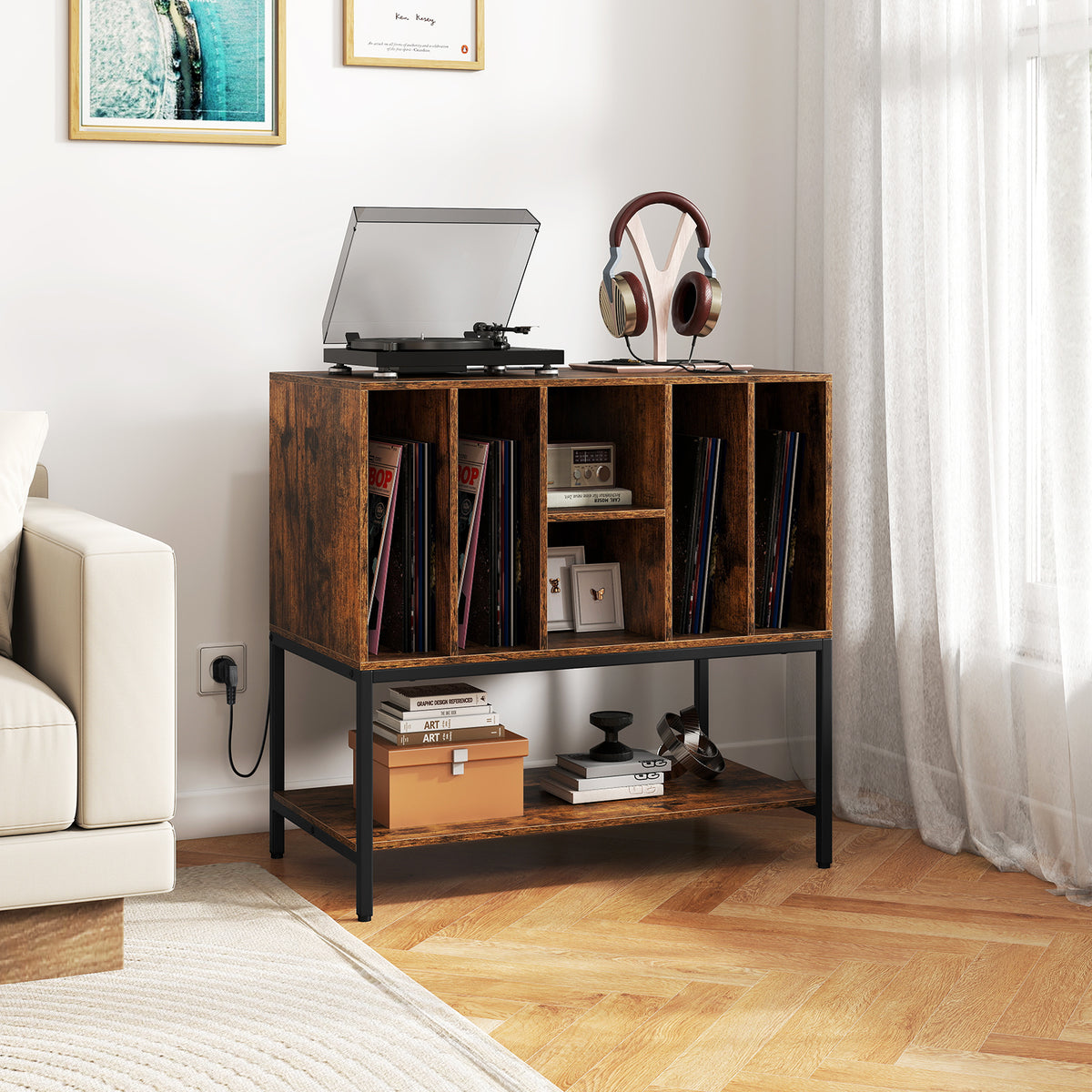 Record Player Stand with Charging Station for Living Room-Rustic Brown