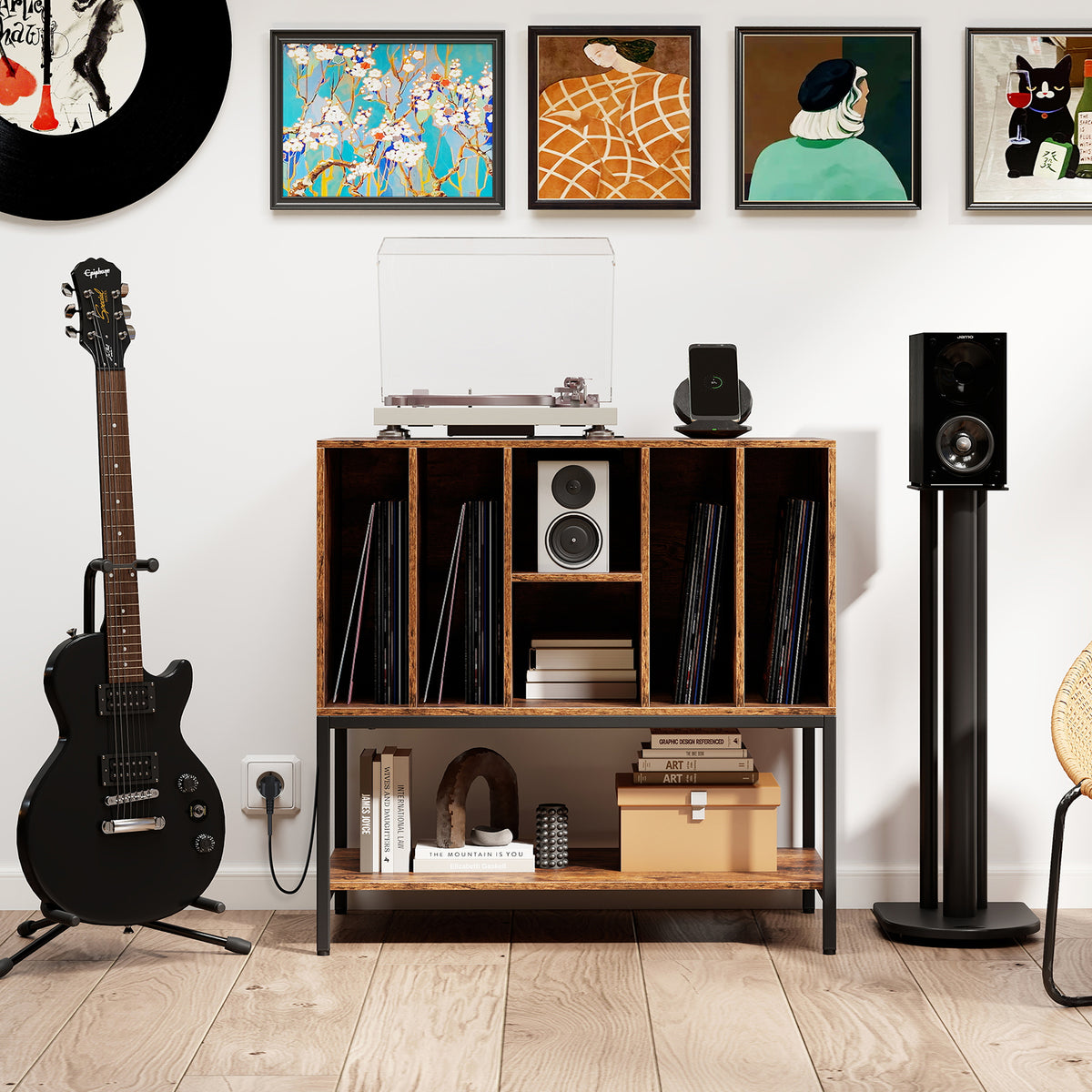 Record Player Stand with Charging Station for Living Room-Rustic Brown