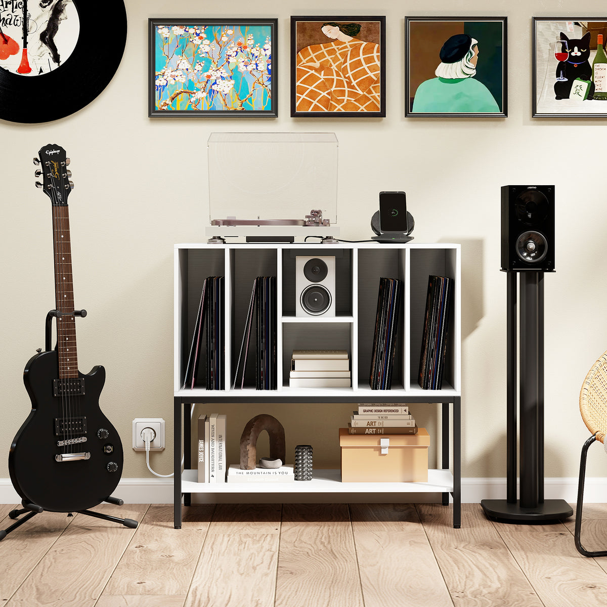 Record Player Stand with Charging Station for Living Room-White