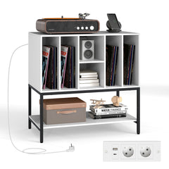 Record Player Stand with Charging Station for Living Room-White