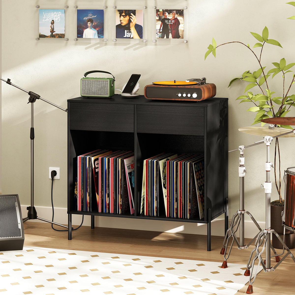 Record Player Stand with Power Outlets and Drawers for Living Room-Black