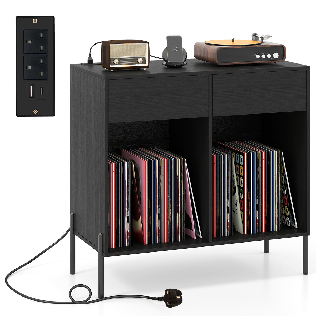 Record Player Stand with Power Outlets and Drawers for Living Room-Black