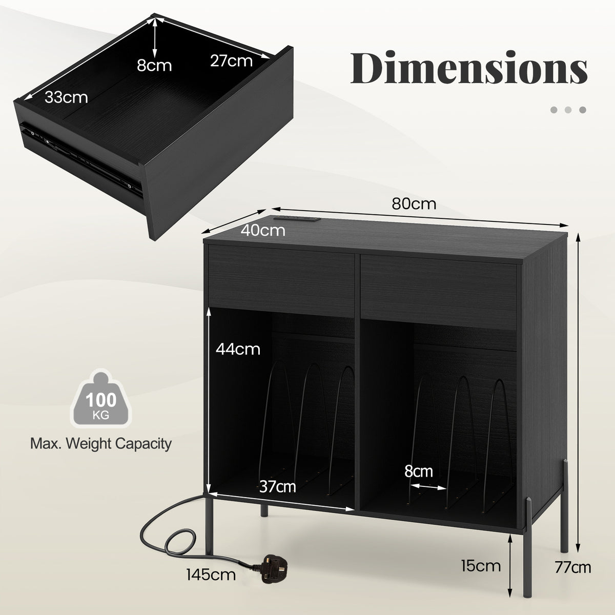 Record Player Stand with Power Outlets and Drawers for Living Room-Black