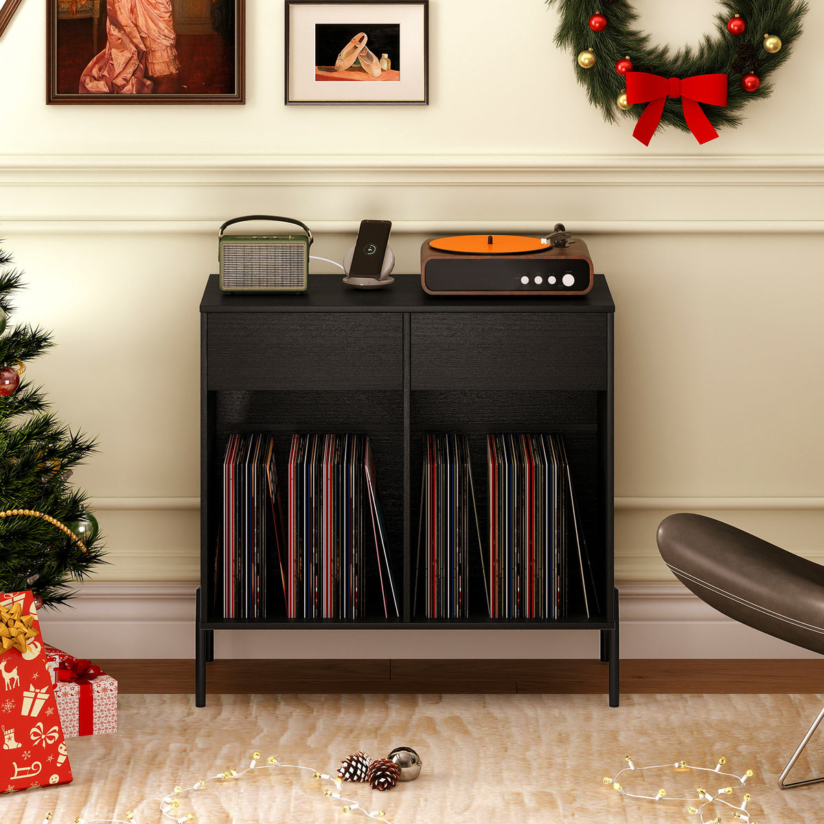 Record Player Stand with Power Outlets and Drawers for Living Room-Black